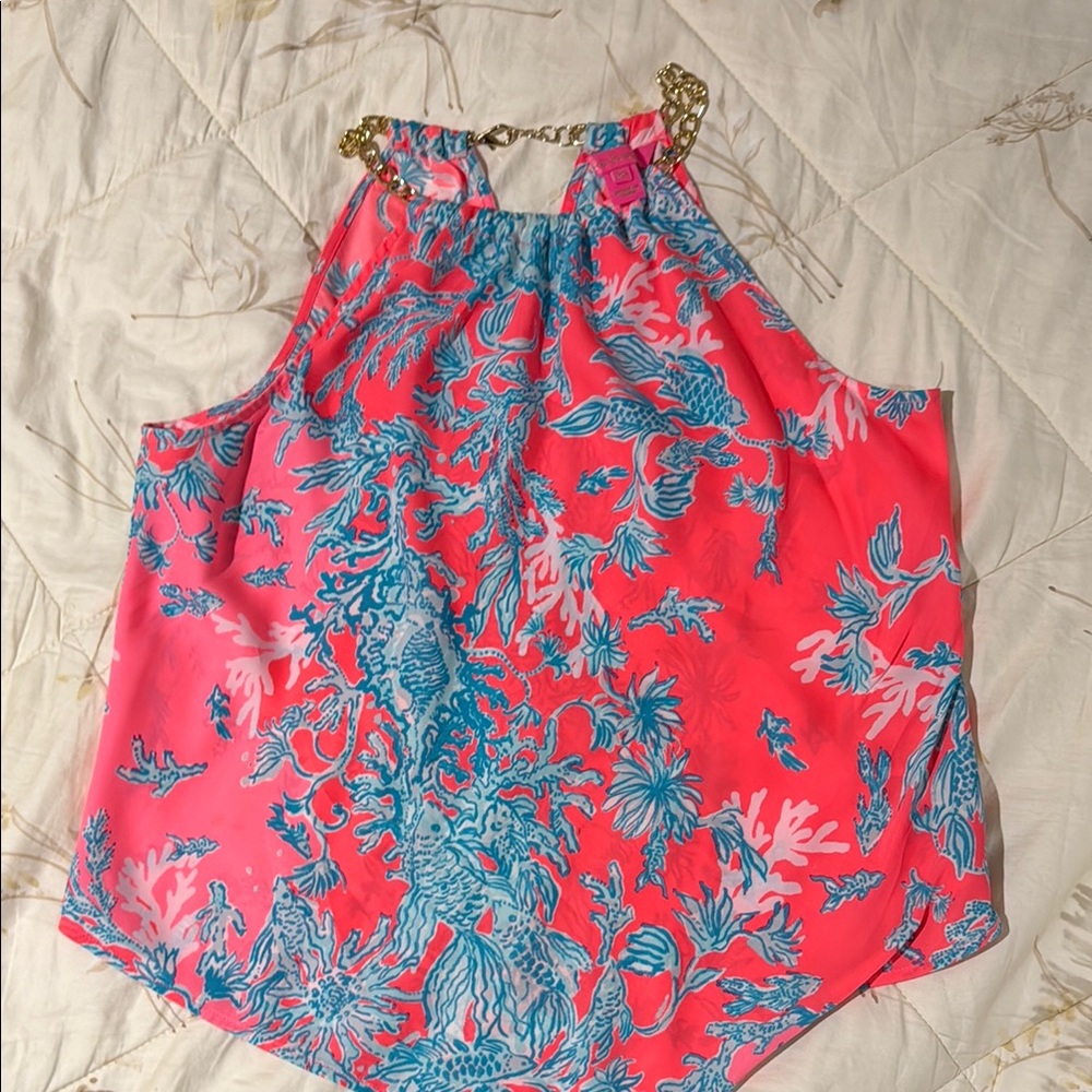 Lily Pulitzer Vibrant Coral and Blue Halter Top with Gold Chain Straps - Picture 1 of 7